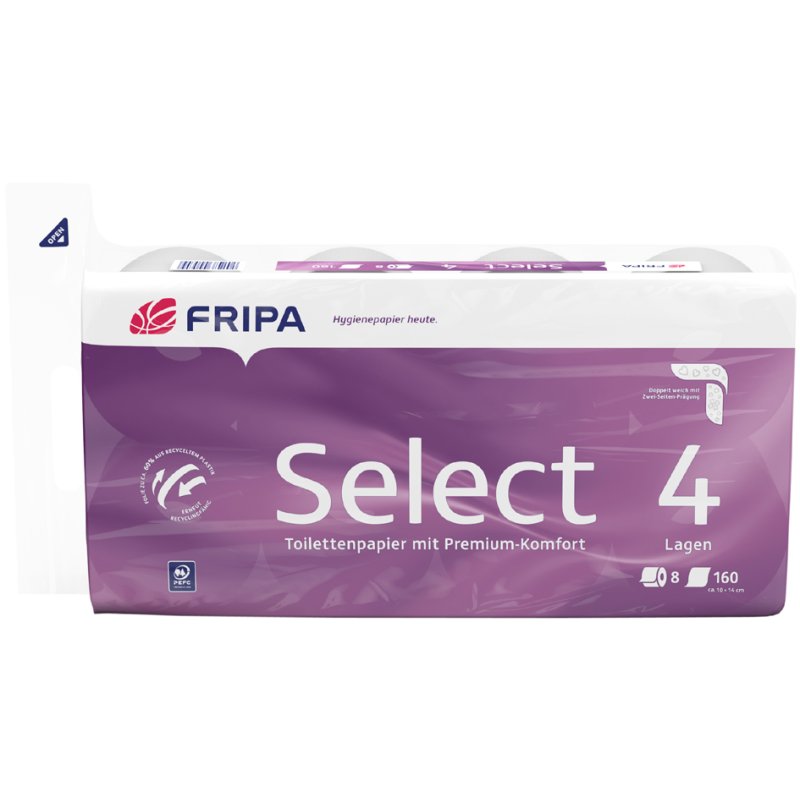 fripa papier toilette Select, 3 épaisseurs, blanc pur, 8 rouleaux
